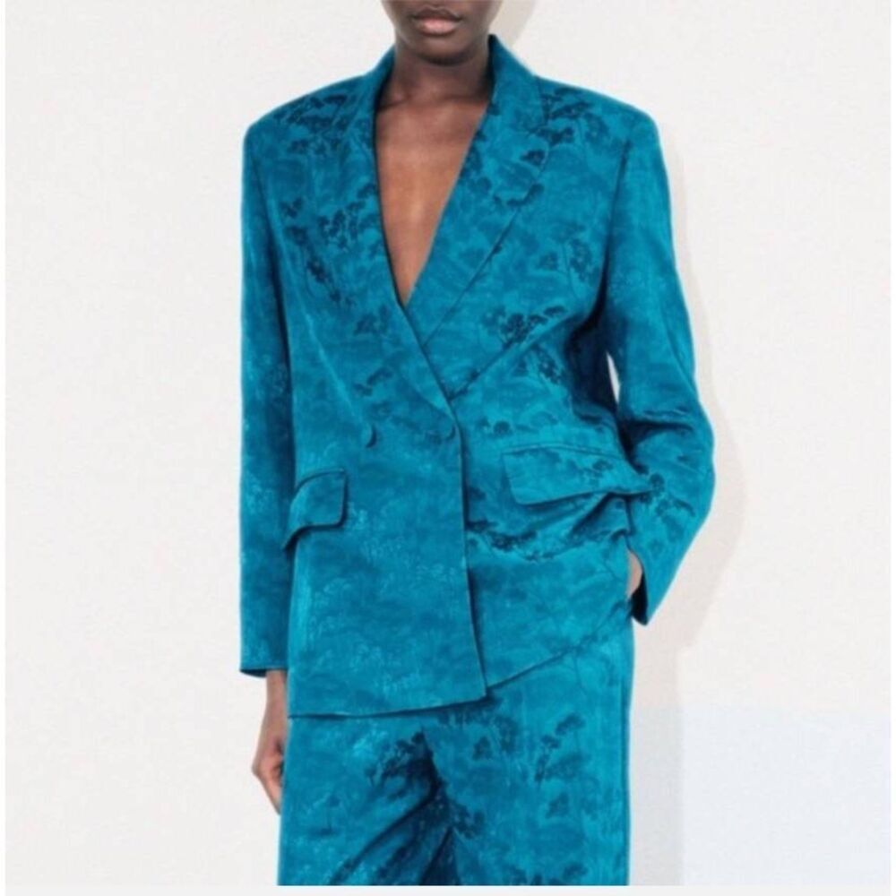 Zara Jacquard Teal Oversized Blazer Jacket
